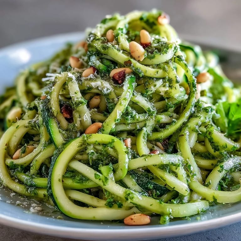Fresh zucchini spirals tossed in creamy parmesan pesto garnished with basil leaves and red pepper flakes.