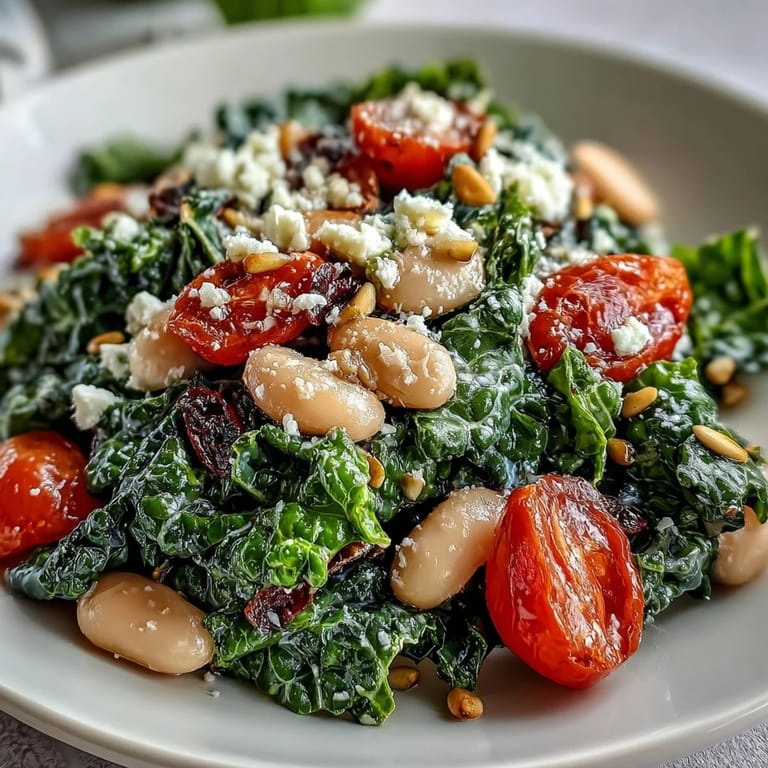 Healthy White Bean and Kale Salad topped with feta, ready for a light lunch.
