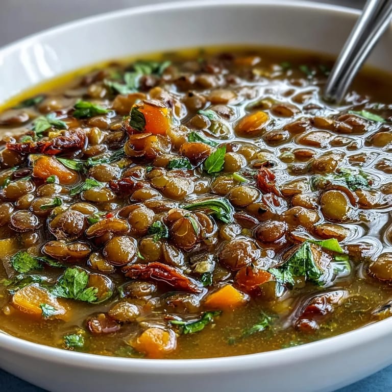 Hearty vegan mung bean soup simmered with carrots, ginger, and spices in a rustic stoneware bowl, ready to enjoy. 