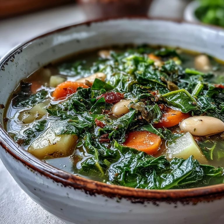 Vibrant green Kale Soup with kale, diced potatoes, and thyme, garnished with a lemon wedge for fresh flavor.