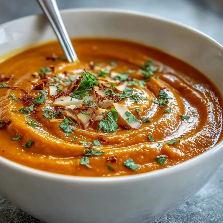 A bowl of velvety carrot and coconut soup with a vibrant orange hue, sliced bread for dipping nearby.