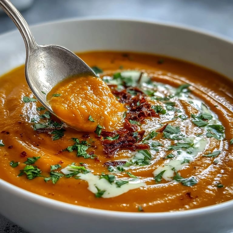 Carrot and coconut soup in a rustic white bowl, garnished with cilantro and toasted coconut flakes.