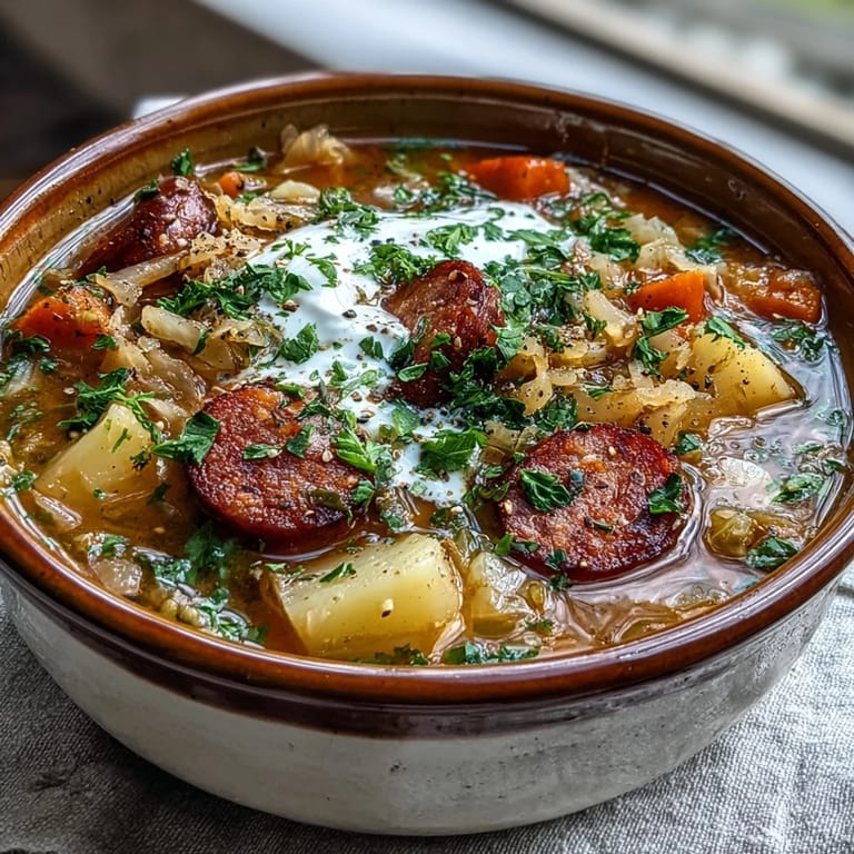 Spoonful of tangy Sauerkraut Soup revealing chopped sauerkraut, diced vegetables, and a swirl of creamy sour cream, ready to serve.