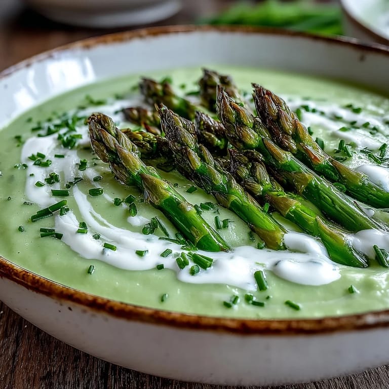 Bright green Asparagus Soup in a white bowl, paired with crusty artisan bread on the side.