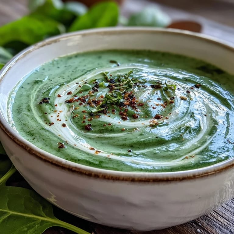 Ladle of vibrant green spinach soup served hot, ready to enjoy for lunch.