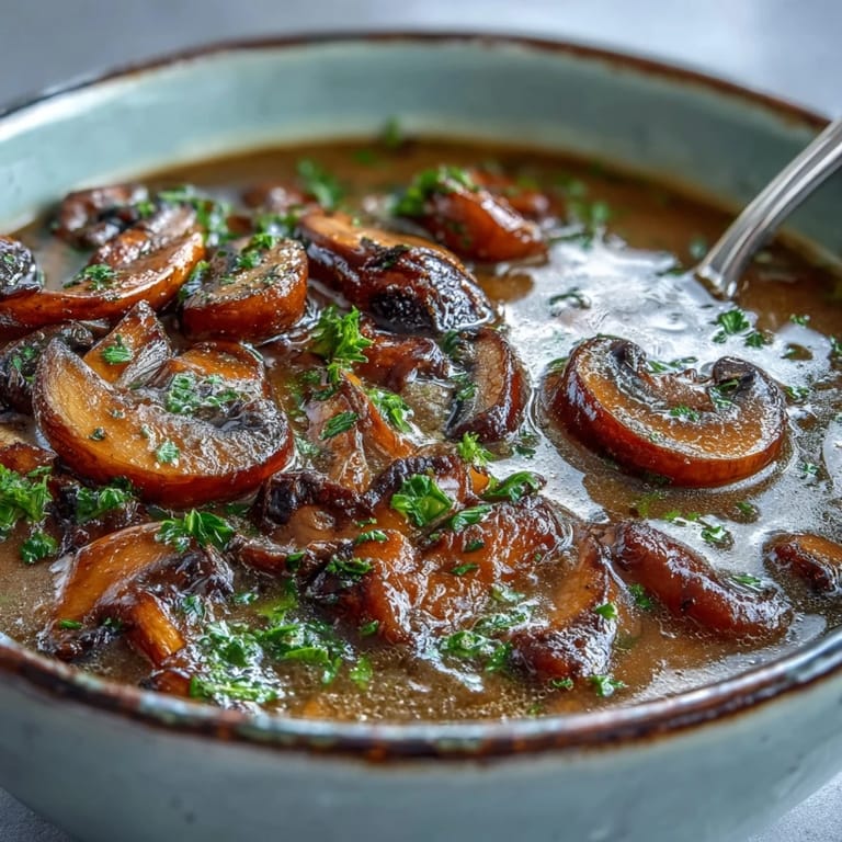 Thick, velvety mushroom soup with sautéed mushrooms and thyme, ready to enjoy on a chilly evening.