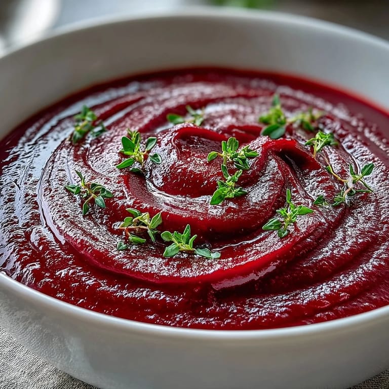 Vibrant purple roasted beet soup paired with crusty bread on a table