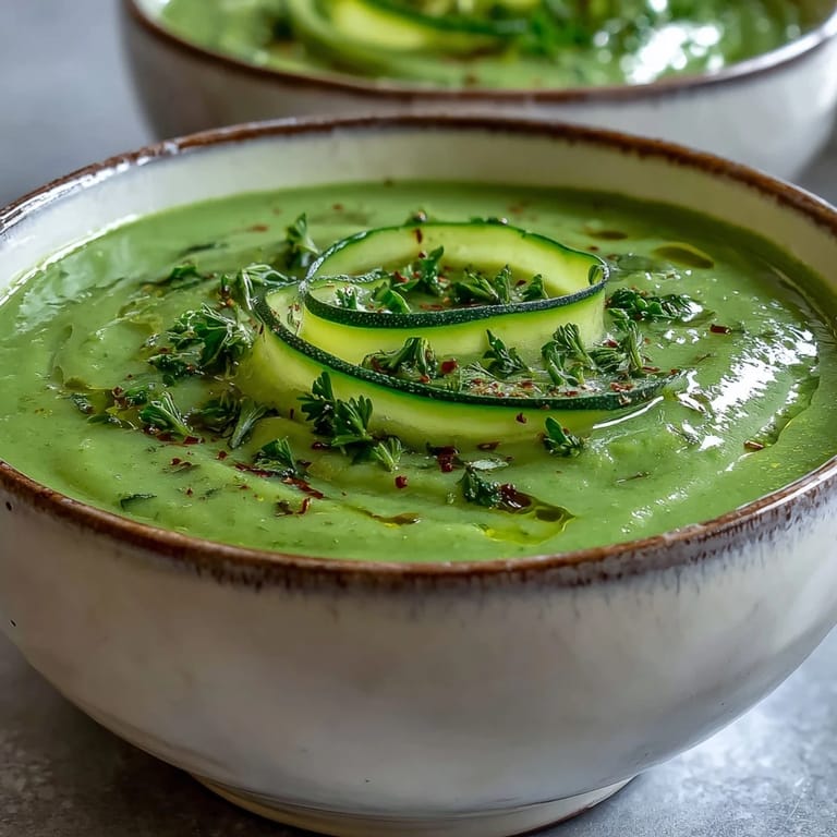 A bowl of silky Zucchini Soup served hot with crusty bread for dipping on the side.  