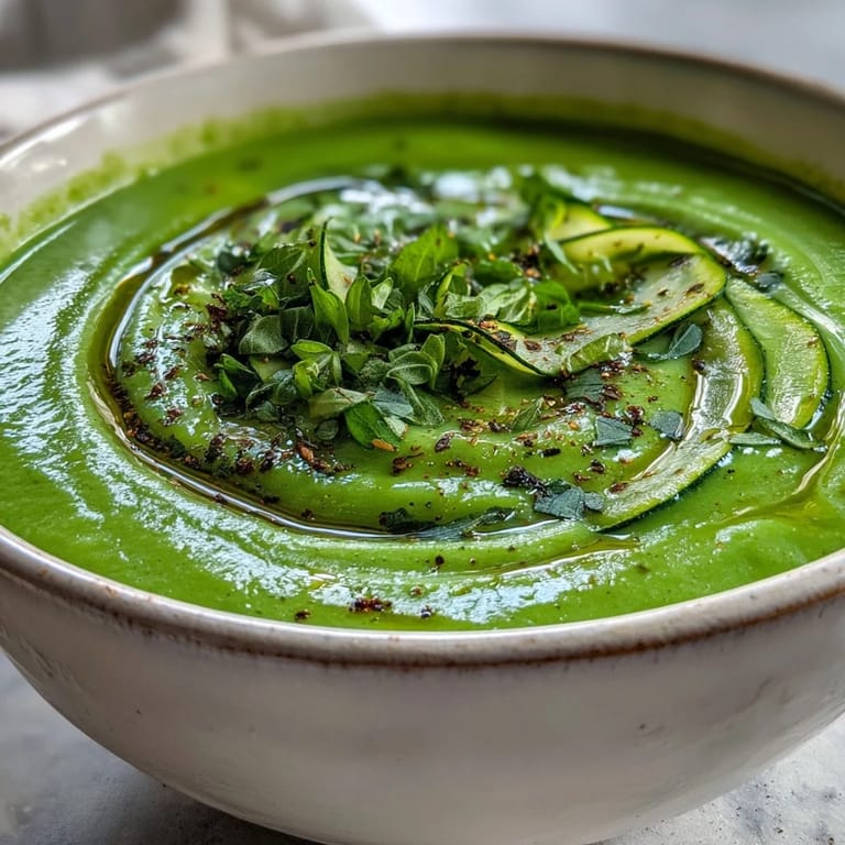 Homemade Zucchini Soup topped with herbs, ready to serve as a light summer appetizer.