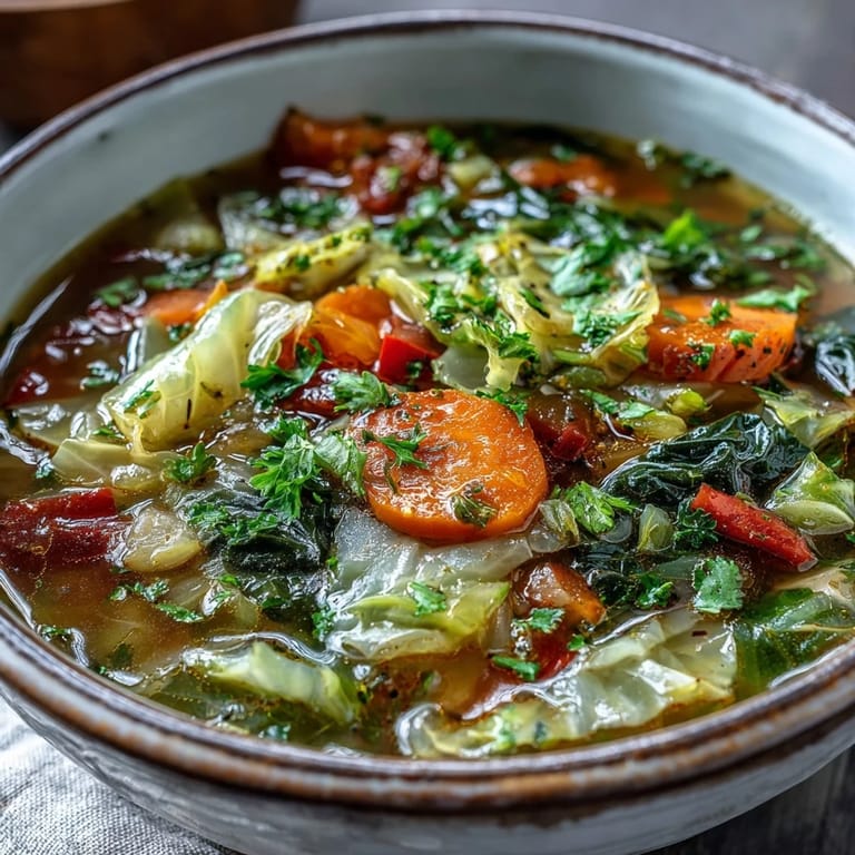Healthy vegan Cabbage Soup prepped in a pot with colorful diced vegetables and herbs, ideal for a budget-friendly, low-calorie meal prep session.