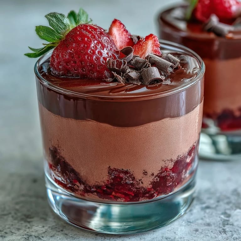 A spoon is about to dig into creamy Chocolate-Covered Strawberry Mousse, revealing airy pink mousse and glossy chocolate layers.