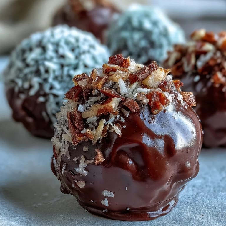 Homemade Chocolate Truffles featuring a rich ganache center and varied crunchy toppings.