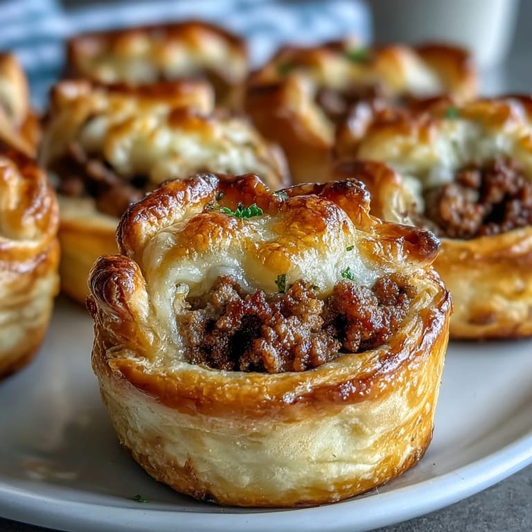 A plate of Mini Beef Tourtières reveals spiced ground beef peeking from a delicate, buttery pastry crust.