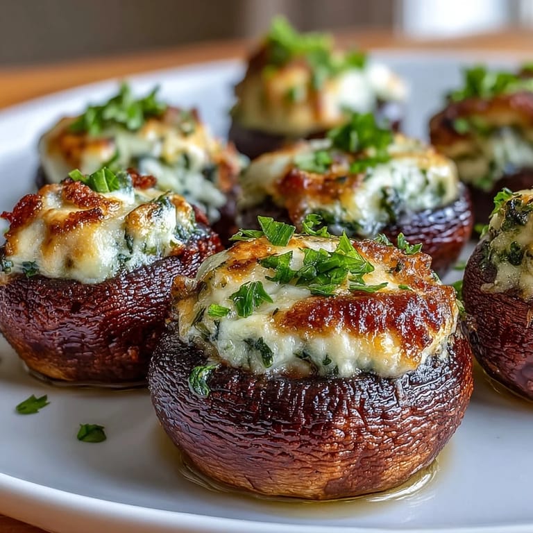 Four golden Stuffed Asiago-Basil Mushrooms rest on a plate, with a small bowl of extra cheese for dipping.