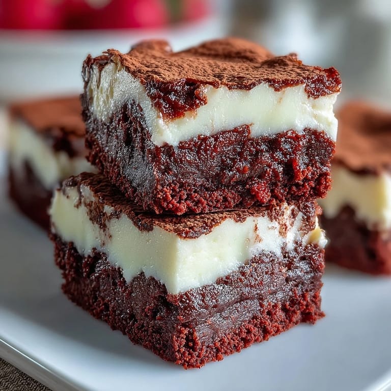 Warm Red Velvet Cheesecake Brownies on a marble counter beside a glass of cold milk, ready to serve.