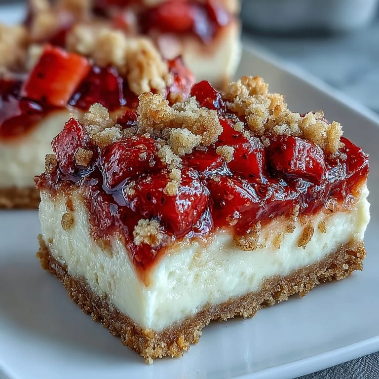 Chilled Strawberry Cheesecake Bars sliced into squares, revealing layers of rich cheesecake and vibrant fresh berry topping.