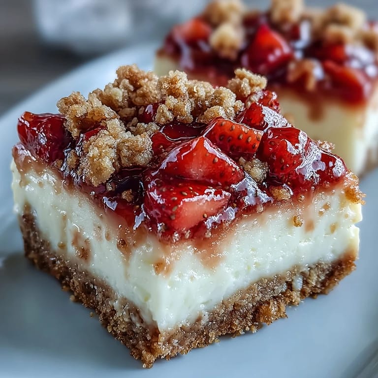 Perfectly set Strawberry Cheesecake Bars on a platter, ready to serve with a drizzle of sweet strawberry sauce.