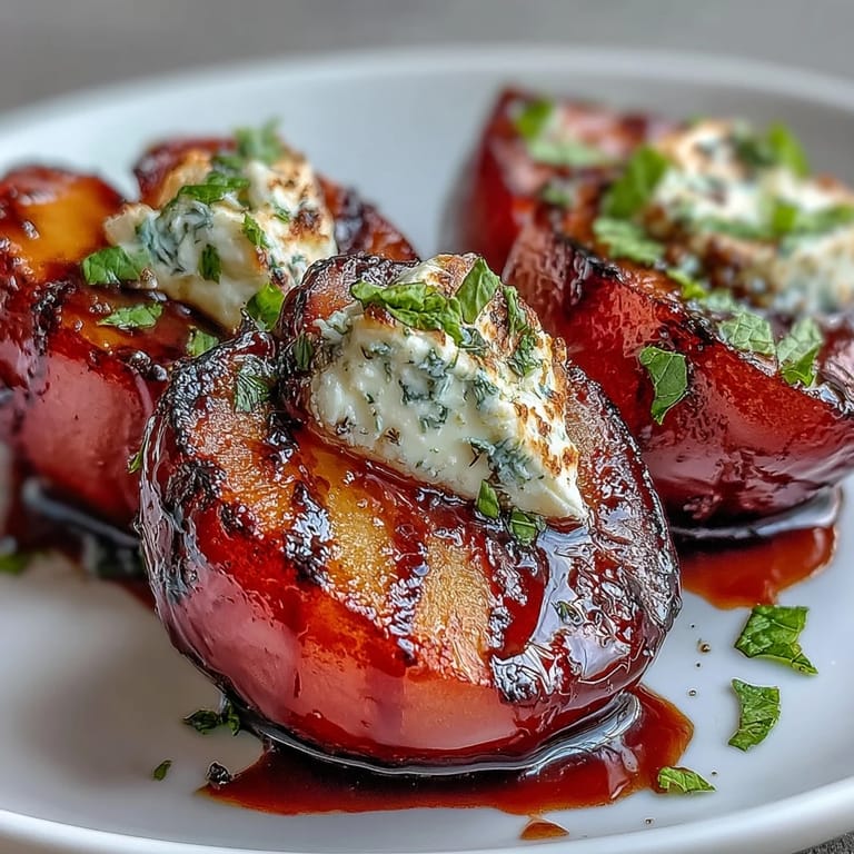 Golden grilled plums served warm on a white platter, garnished with soft goat cheese dollops and a rich honey balsamic reduction.