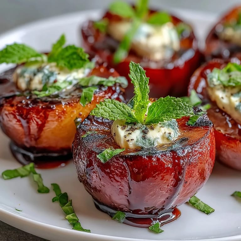 Balsamic-Goat Cheese Grilled Plums appetizer with caramelized fruit, fresh herbs, and a tangy glaze ready for a summer dinner party.