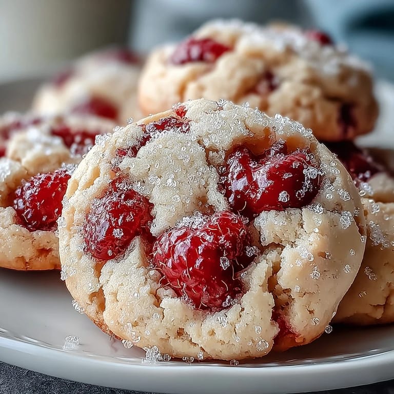 Close-up of Soft Chewy Raspberry Sugar Cookies, textured crumbs and fresh raspberries beside a glass of milk for serving.