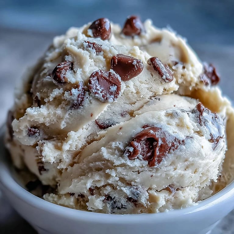 A chilled bowl of Greek Yogurt Cookie Dough is topped with extra chocolate chips, perfect for a spoon-ready dessert.