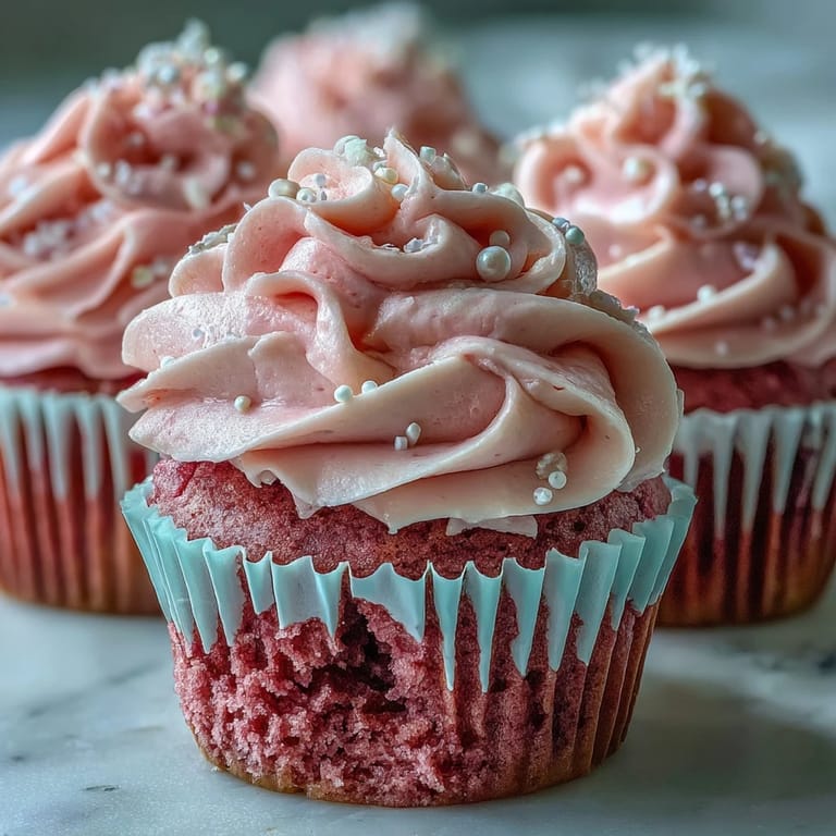A plate of Pink Velvet Cupcakes with Vanilla Buttercream Frosting is garnished with edible pink sprinkles.