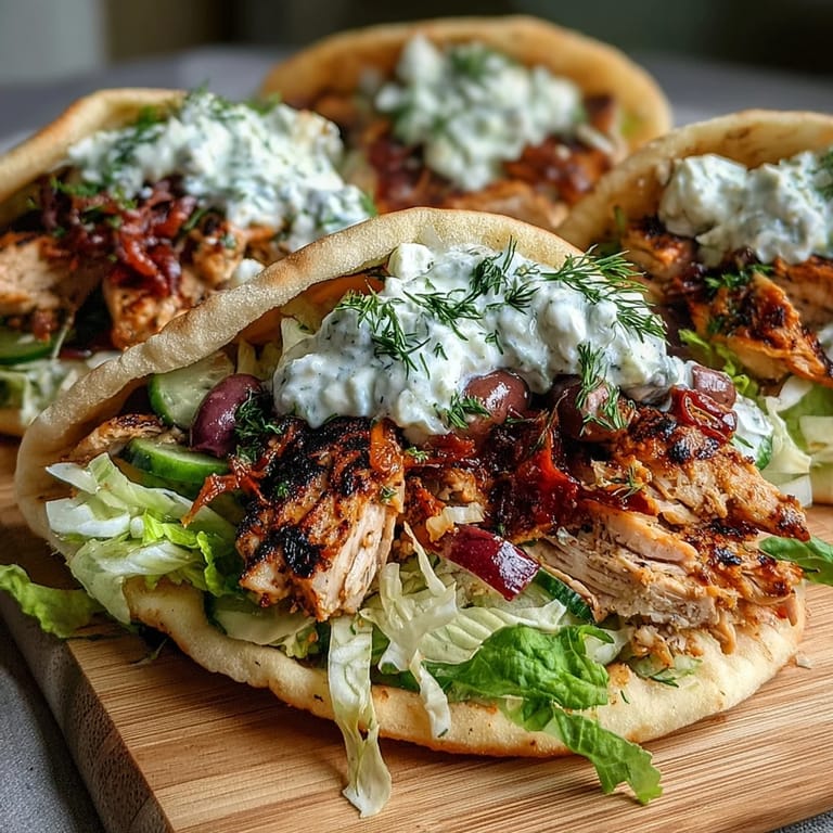 Golden brown strips of marinated Mediterranean Chicken Gyros wrapped in soft pita with fresh veggies and drizzled with tangy feta tzatziki sauce.