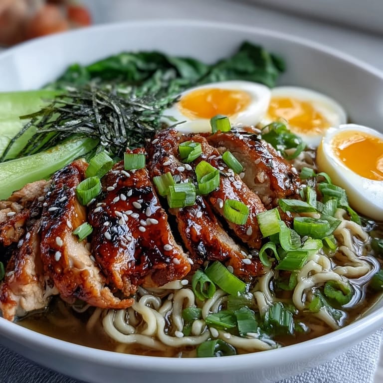 A close-up of Healthy Miso Chicken Noodle Bowls with vibrant veggies, succulent chicken, and a drizzle of chili oil.