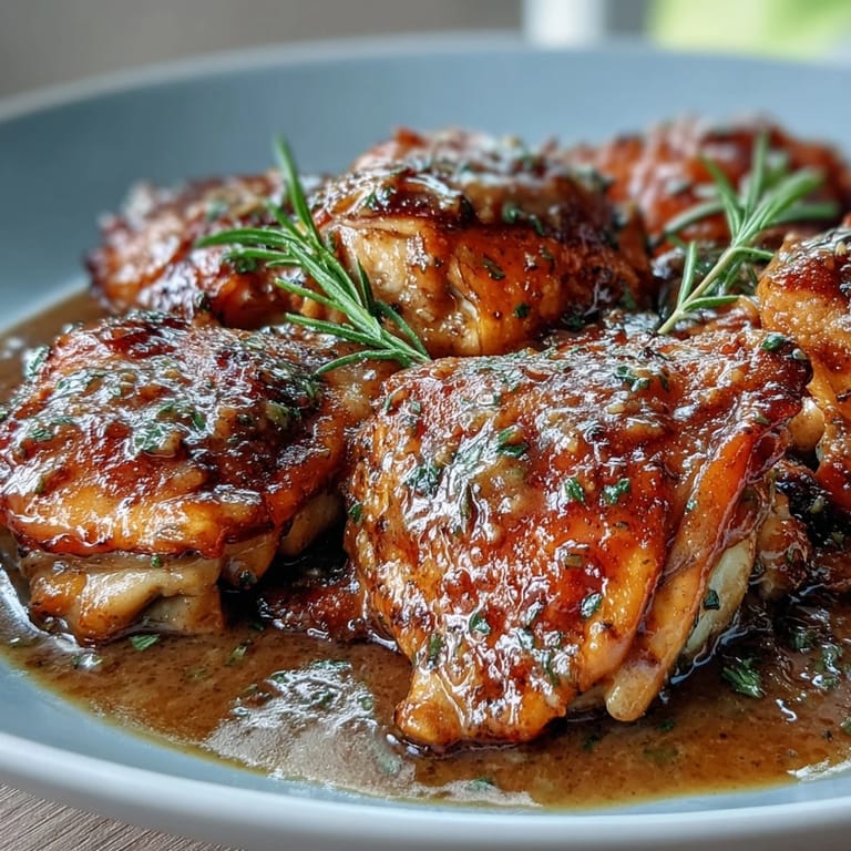 Slow cooker honey mustard chicken with golden, sticky glaze drizzled over creamy mashed potatoes and steamed green beans.