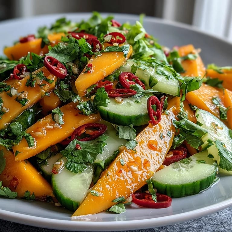 Vibrant mango salad with juicy mango strips, crunchy veggies, and a tangy lime dressing, garnished with cilantro and optional red chili slices for a gentle kick.