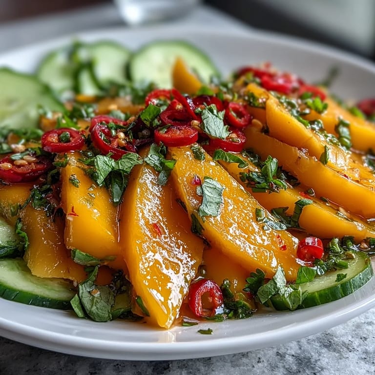 A generous serving of Thai-inspired mango salad in a shallow white bowl, flecked with red onion and fresh herbs, perfect for a light, refreshing lunch.