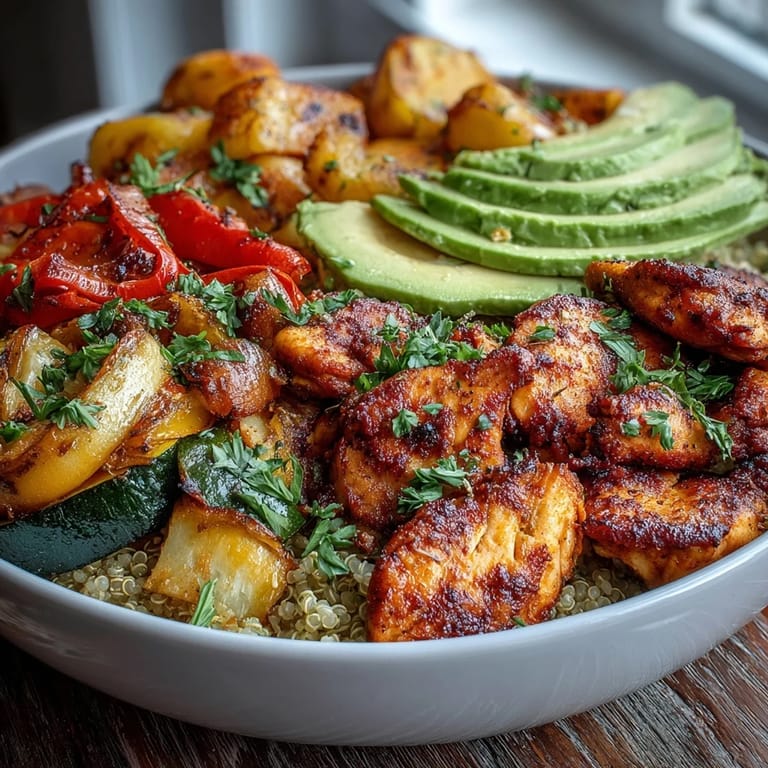 A fresh lemon salad and creamy avocado slices top this colorful Paprika Roasted Vegetable Quinoa Bowl.
