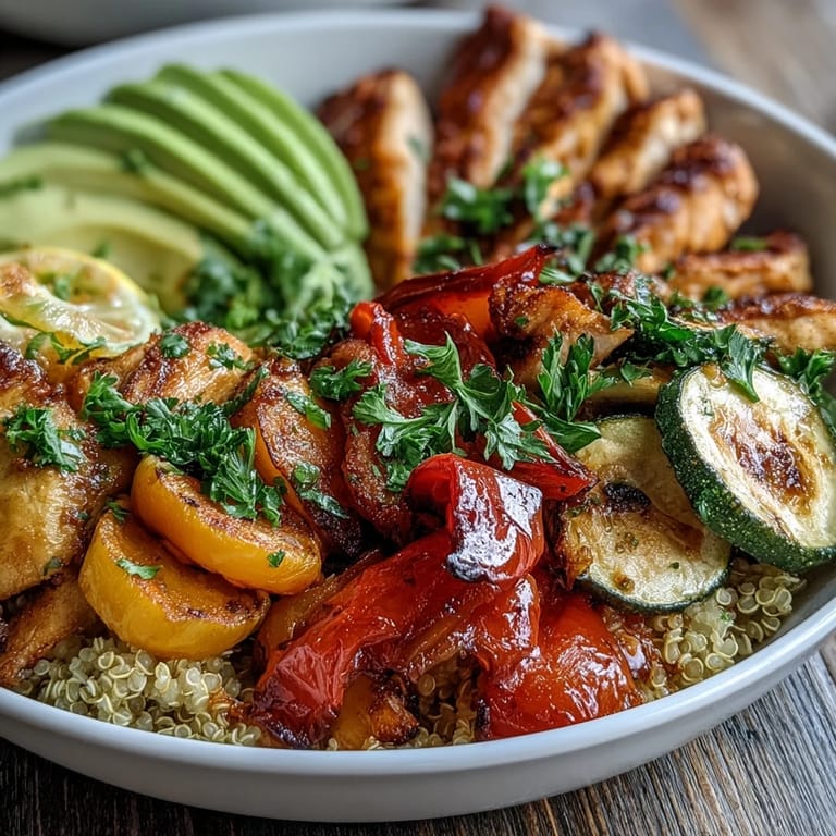Close-up of a healthy gluten-free Paprika Roasted Vegetable Quinoa Bowl with tender roasted vegetables and golden chicken.