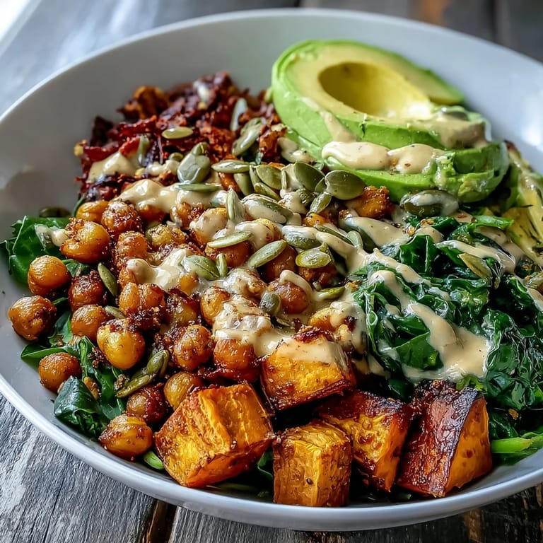 Roasted Sweet Potato and Chickpea Bowl drizzled with smoky chipotle tahini dressing.