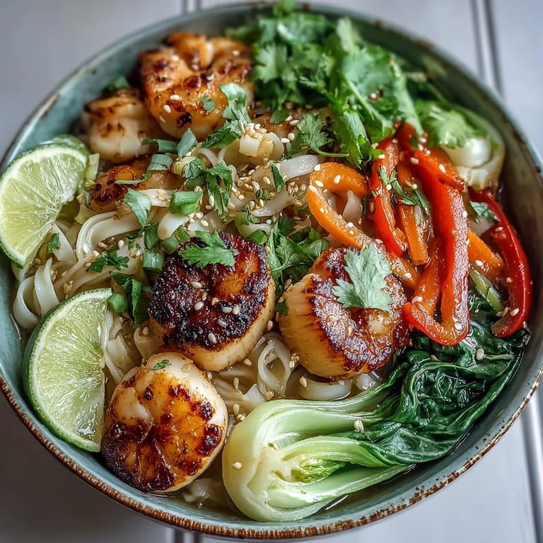 Overhead view of a vibrant Asian Noodle Bowl with Shrimp and Scallops in a savory broth.