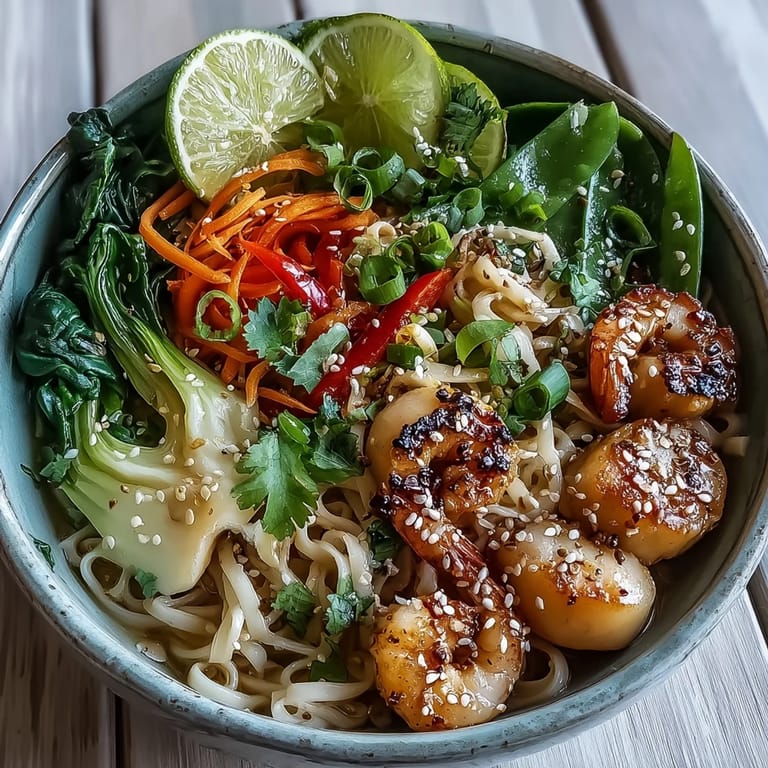 Steaming hot Asian Noodle Bowl with Shrimp and Scallops, filled with crisp vegetables and toasted sesame seeds.