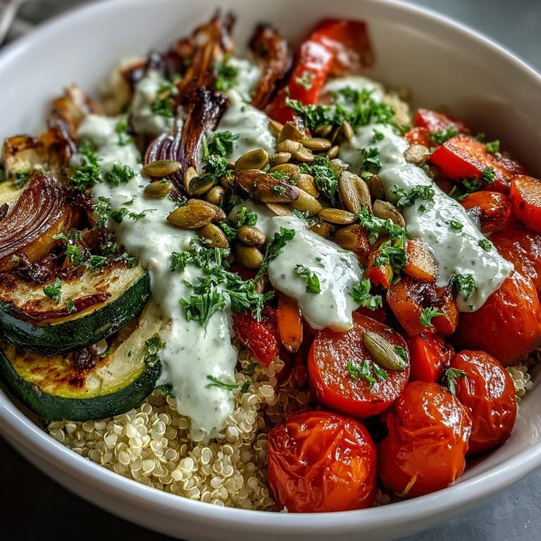 Freshly roasted zucchini, bell peppers, and carrots over quinoa in a Mediterranean-style Roasted Vegetable Quinoa Bowl, ready to enjoy.