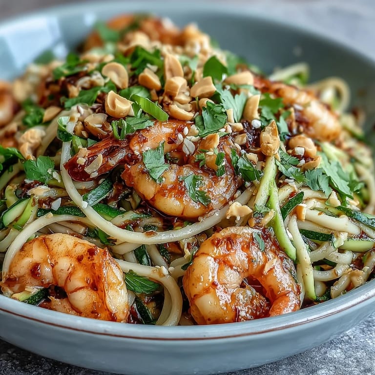 A steaming Asian Noodle Bowl features plump shrimp, crisp zucchini, and carrots tossed in a glossy savory sauce.