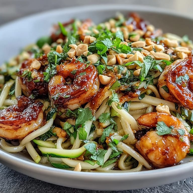 Close-up of an Asian Noodle Bowl with tender shrimp, crunchy peanuts, and vibrant herbs on a rustic wooden table.