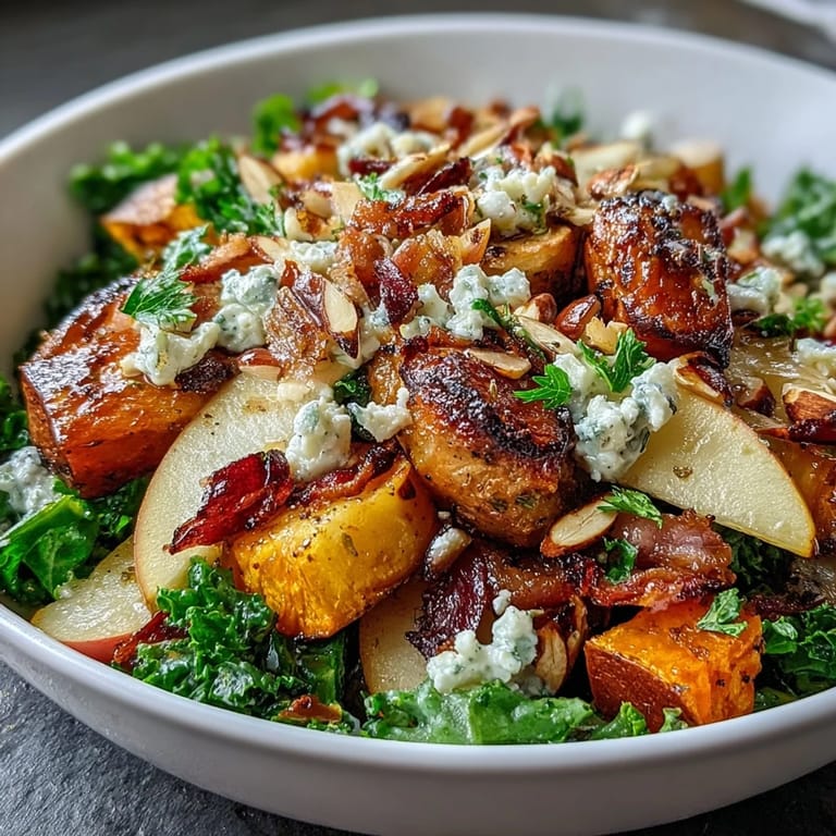 Colorful Fall Sweet Potato Harvest Bowl featuring tender roasted chicken, sweet potatoes, kale, apples, goat cheese, and toasted almonds drizzled with tangy balsamic dressing.