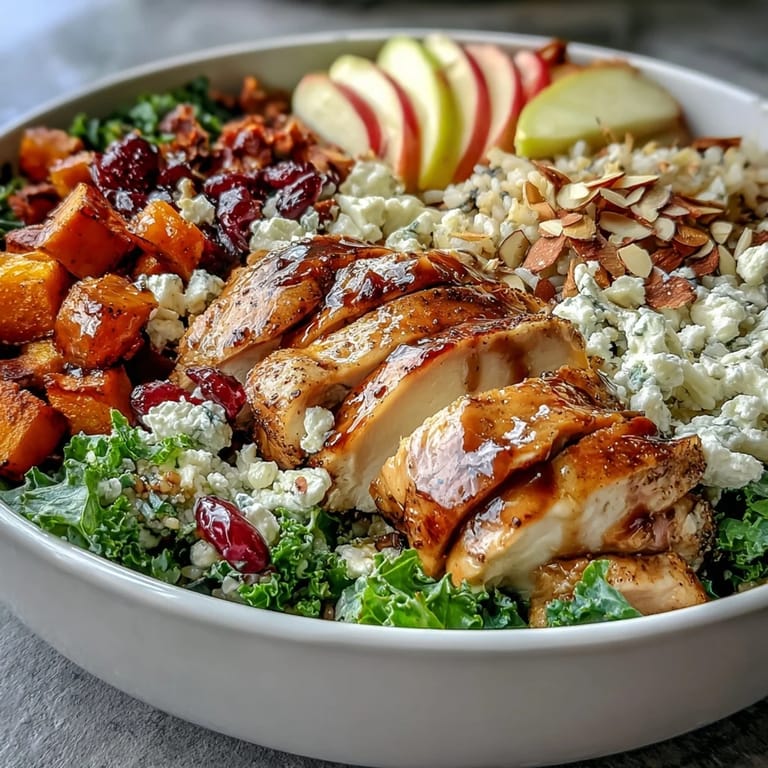 Nourishing harvest bowl layered with massaged kale, nutty wild rice, roasted chicken, sweet potatoes, and tangy balsamic dressing.