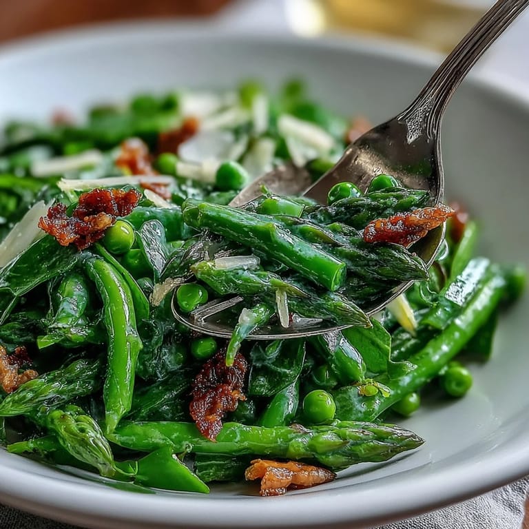 Vibrant spring salad of shaved asparagus, peas, and arugula, drizzled with tangy lemon dressing and topped with Parmesan and nuts.  