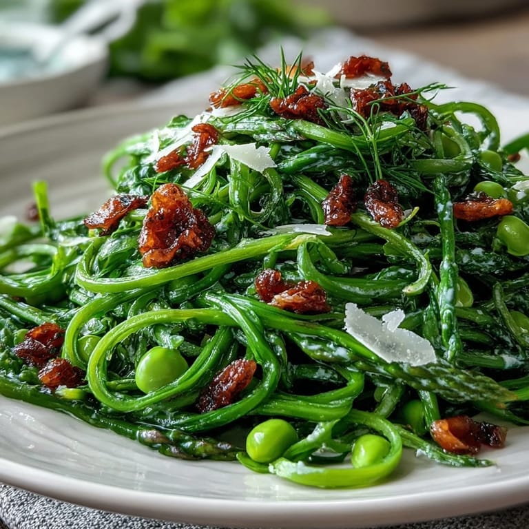 Colorful shaved asparagus and pea salad, tossed with zesty lemon dressing, Parmesan shavings, and toasted pine nuts for a refreshing side.