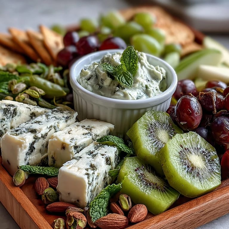 Beautiful St. Patricks Day green food board showcasing seasonal fruits, crisp vegetables, creamy cheeses, and party-ready snacks.