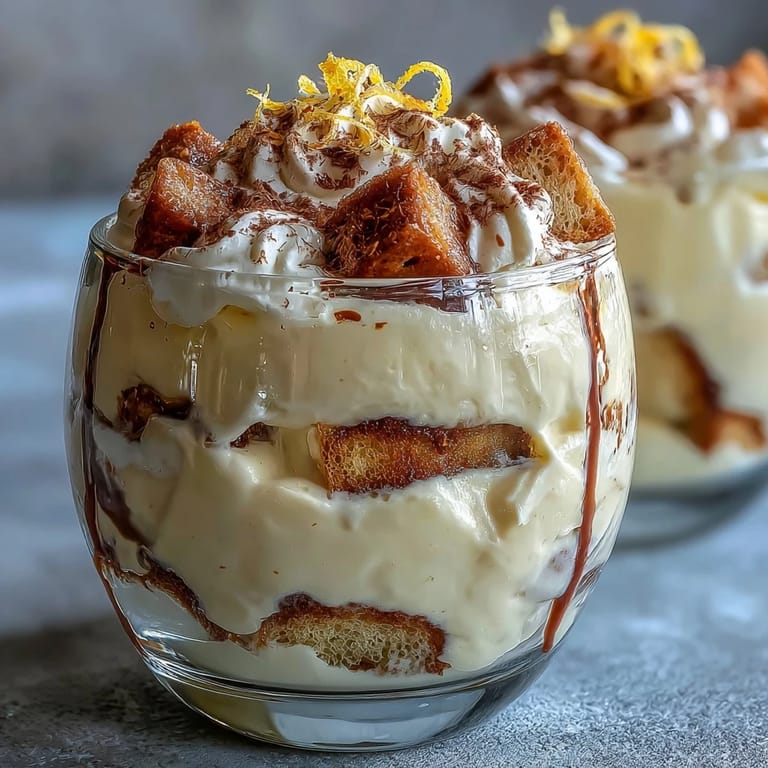 Individual tiramisu cups layered with limoncello syrup, mascarpone cream, and fresh lemon zest.