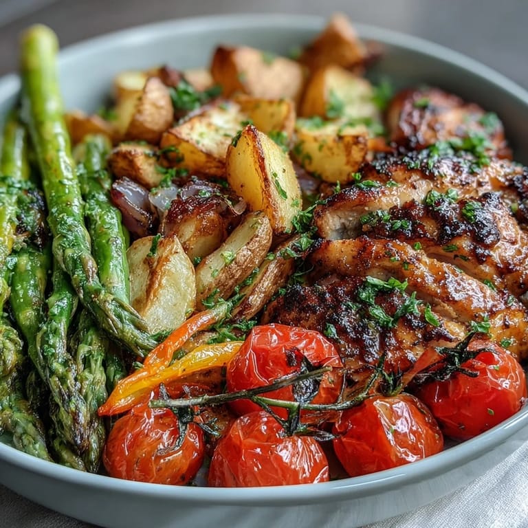 Oven-roasted chicken and fresh spring veggies on a single pan for a simple, nutritious meal.
