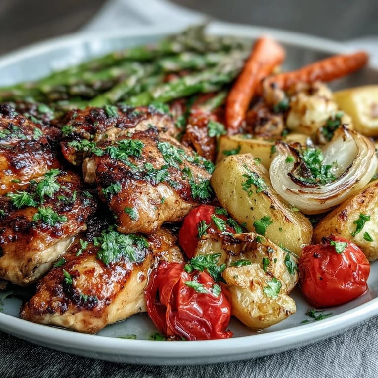 Healthy and easy sheet pan chicken with tender asparagus, cherry tomatoes, and sweet bell peppers.  
