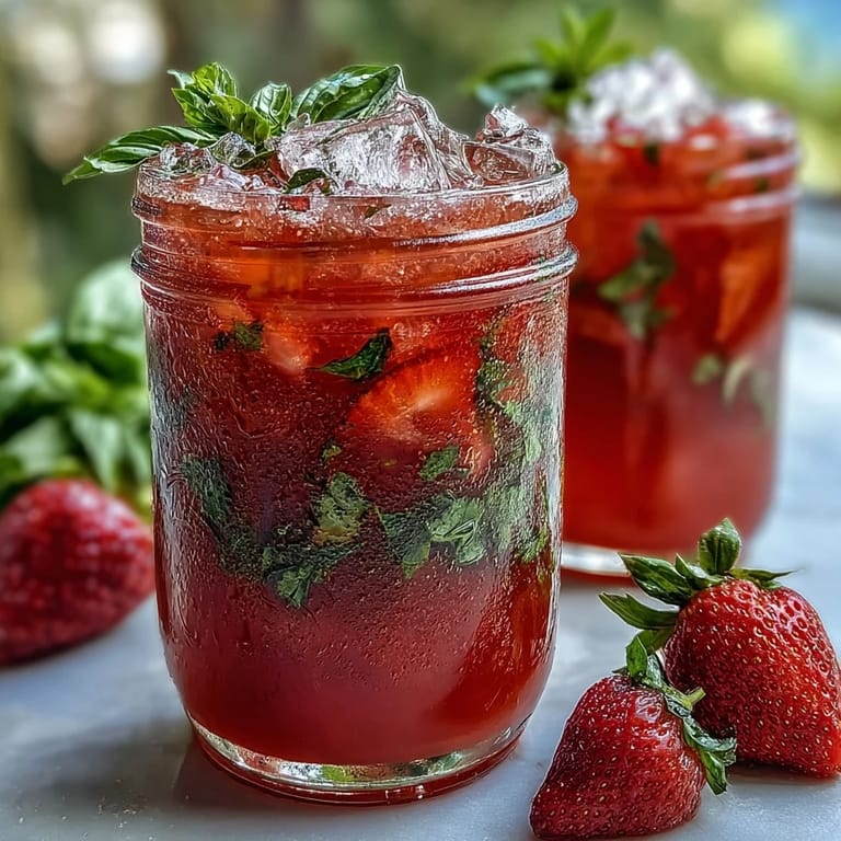 Chilled strawberry basil lemonade mocktail with sliced strawberries and basil sprigs, perfect for summer parties.