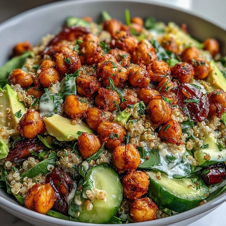 Colorful grain bowl with crispy roasted chickpeas, cherry tomatoes, cucumber, and zesty lemon dressing.  