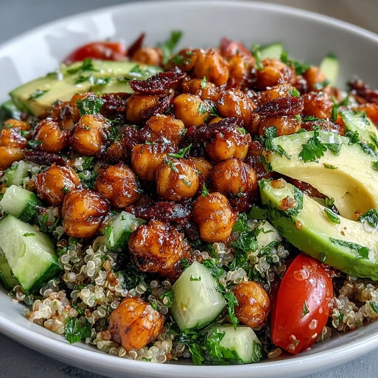 Nutritious lemon vinaigrette grain bowl topped with roasted chickpeas, shredded carrots, red onion, and parsley.